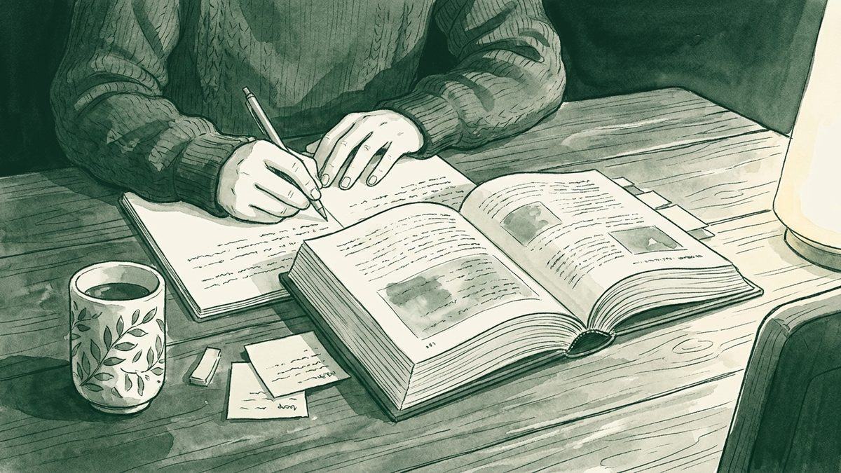 夜、机でテキストとノートを開いて勉強する人の手元のイラスト