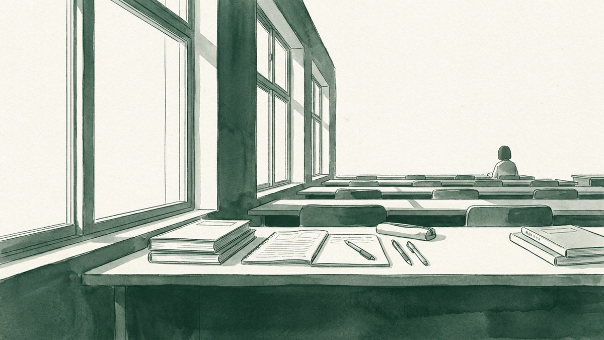 朝の光が差し込む研修教室の窓際に置かれたテキストと筆記用具のイラスト